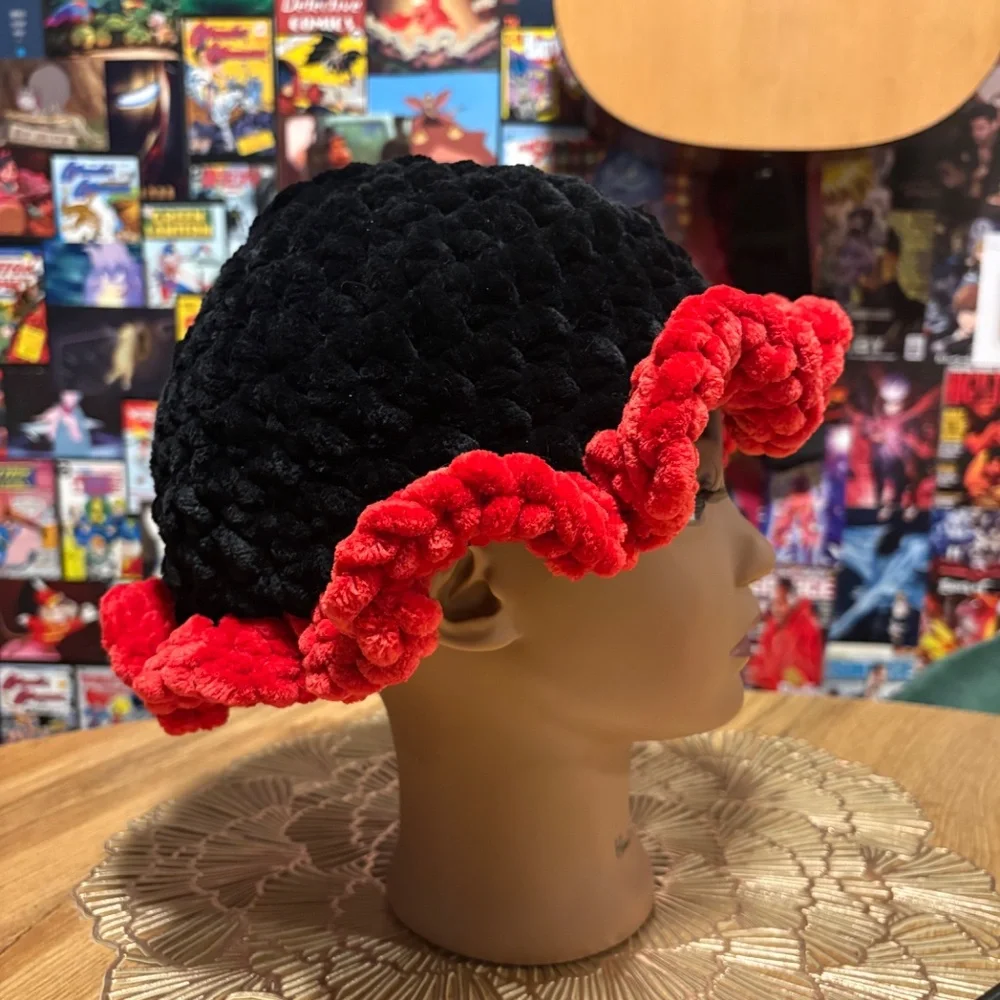 Handmade Crochet Black & Red Ruffle Hat | Chunky Yarn | drbeancrafts - Picture 3 of 5